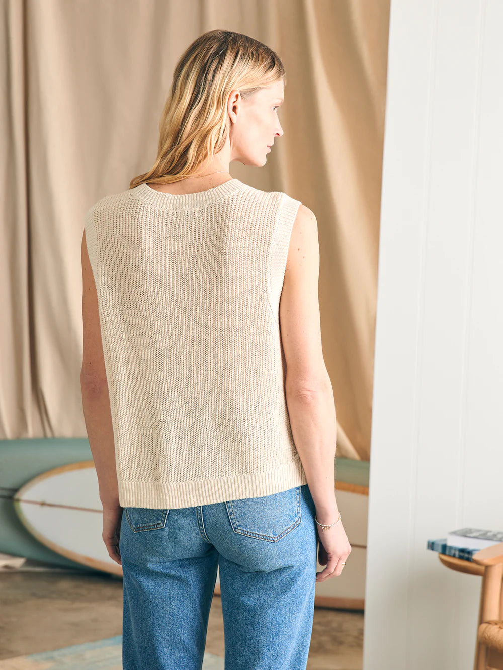 Back view of Faherty's Miramar Linen Muscle Tank in the color Summer Sand