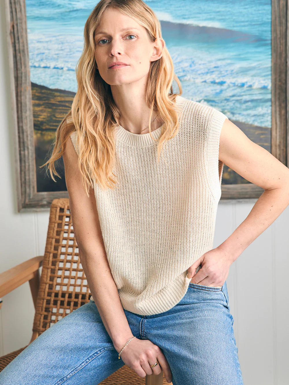 Faherty's Miramar Linen Muscle Tank in the color Summer Sand