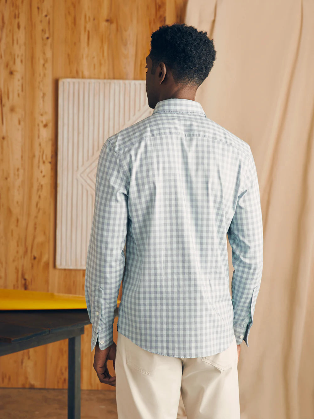 Back view of Faherty's The Movement Shirt in the color Teal Coast Gingham