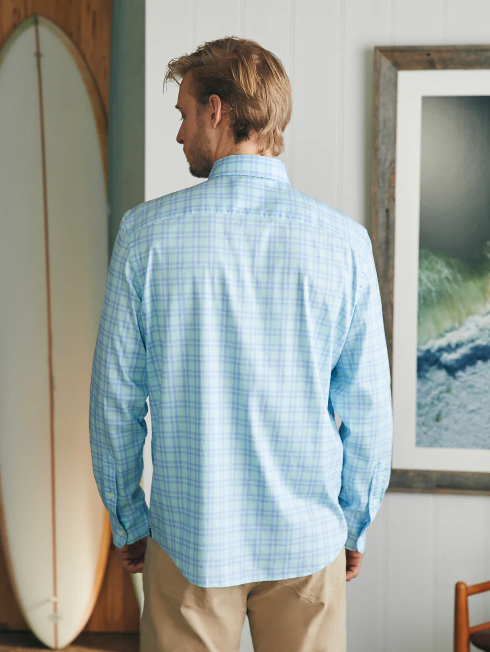 Back view of Faherty's The Movement Shirt in the color Destin Shores Plaid