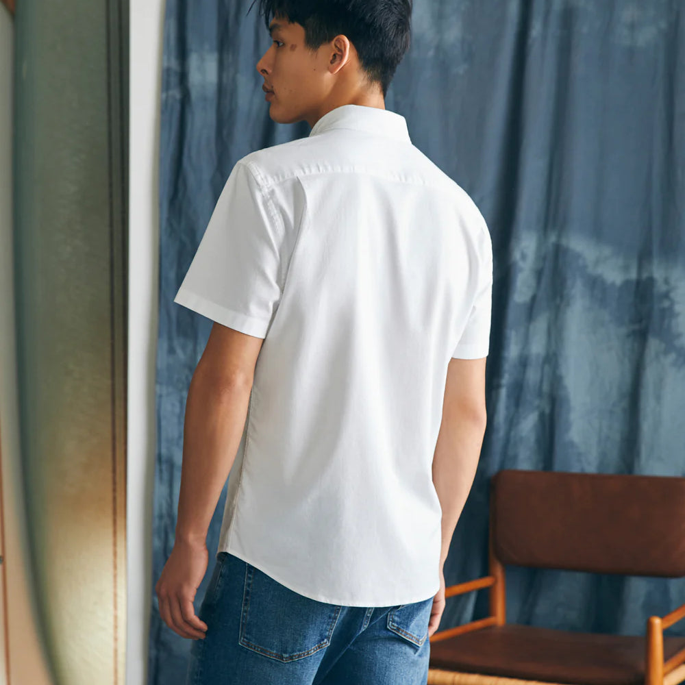Back view of Faherty's Short-Sleeve Supima Oxford Shirt in the color Pure White