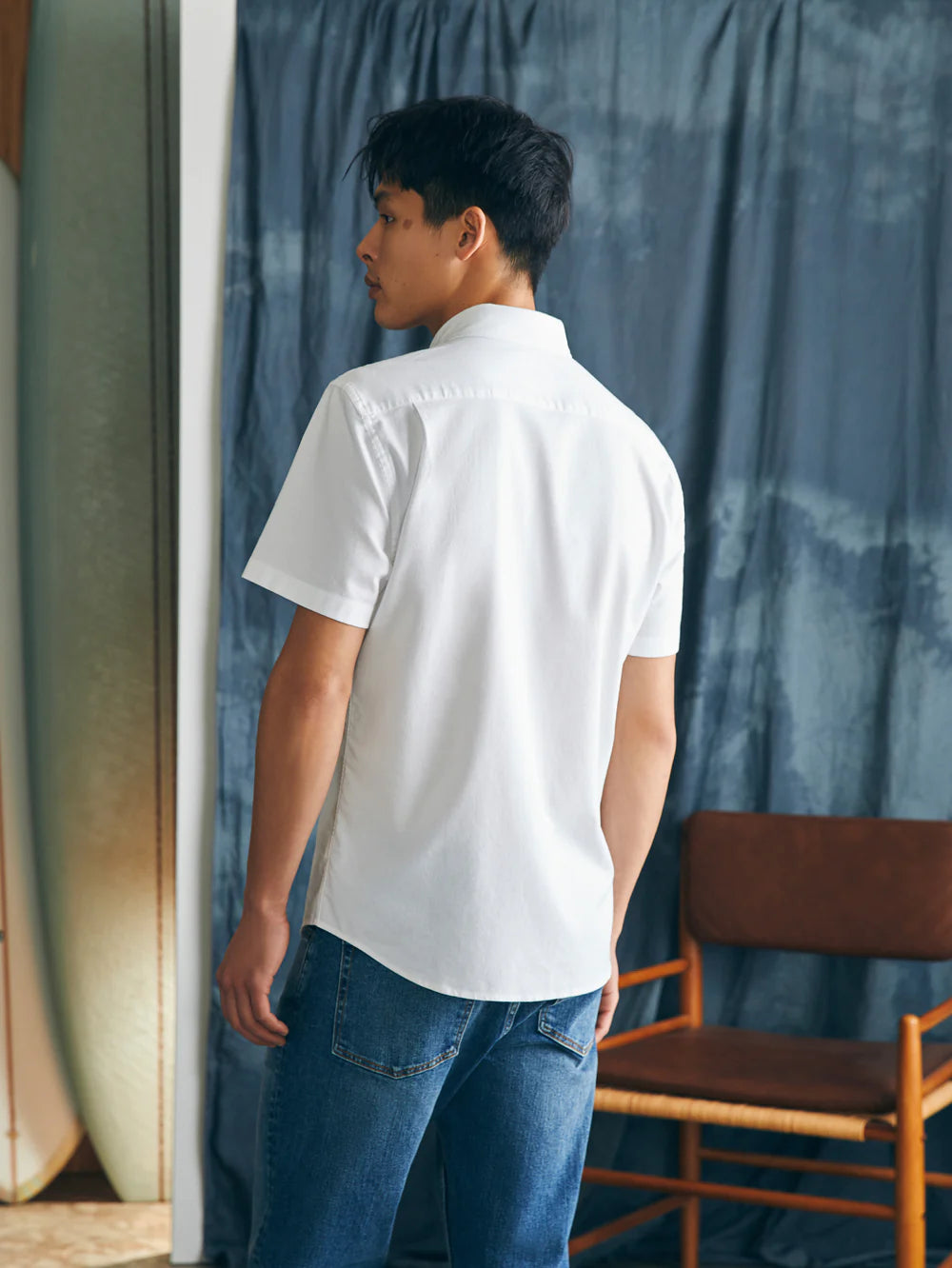 Back view of Faherty's Short-Sleeve Supima Oxford Shirt in the color Pure White