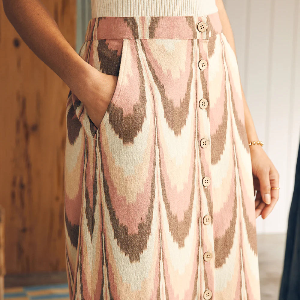 Closeup detail view of the Desert Ikat print Whitley Skirt by Faherty