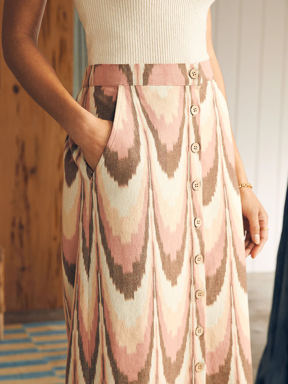 Closeup detail view of the Desert Ikat print Whitley Skirt by Faherty