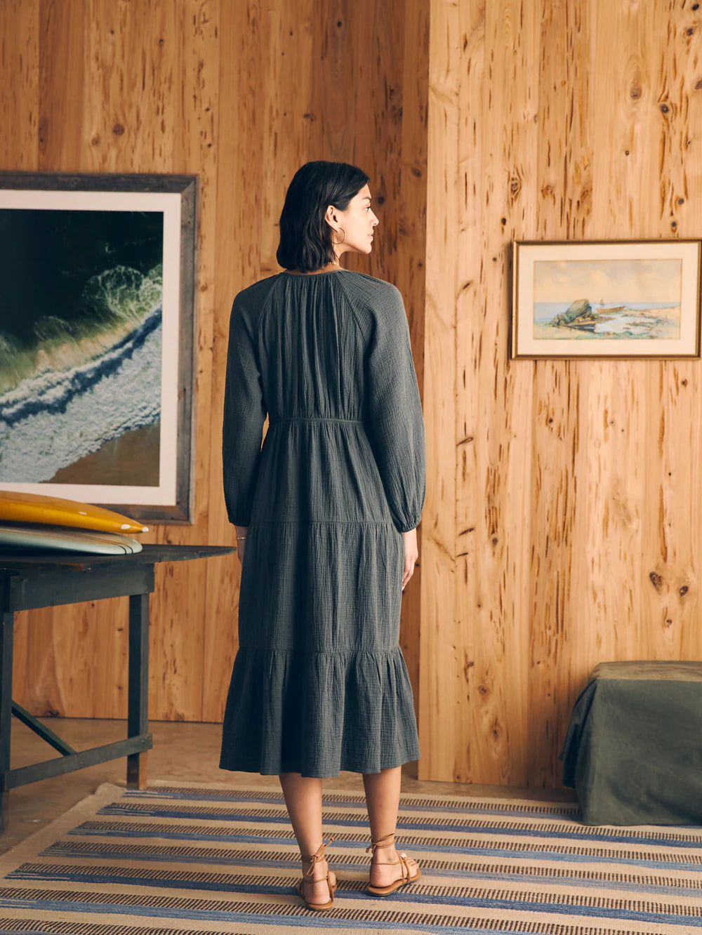 Back view of Faherty's washed black Cotton Gauze Sirene Midi Dress