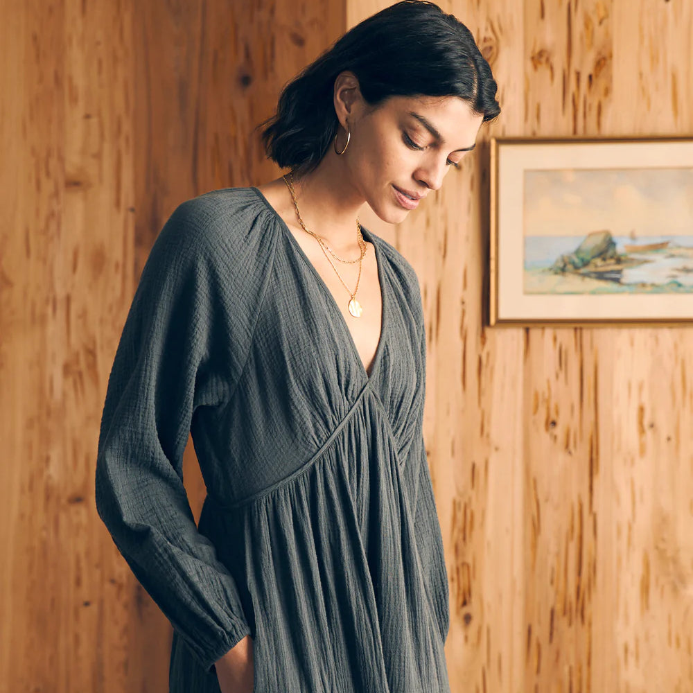 
                      
                        Closeup detail view of Faherty's washed black Cotton Gauze Sirene Midi Dress
                      
                    