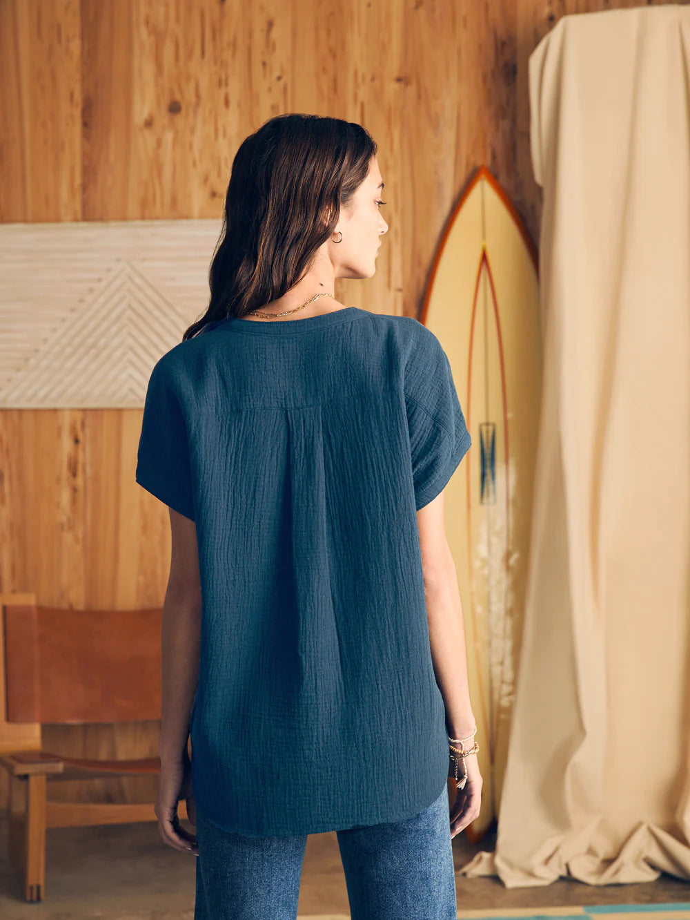 Back view of the Navy Dream Cotton Gauze Desmond Top by Faherty