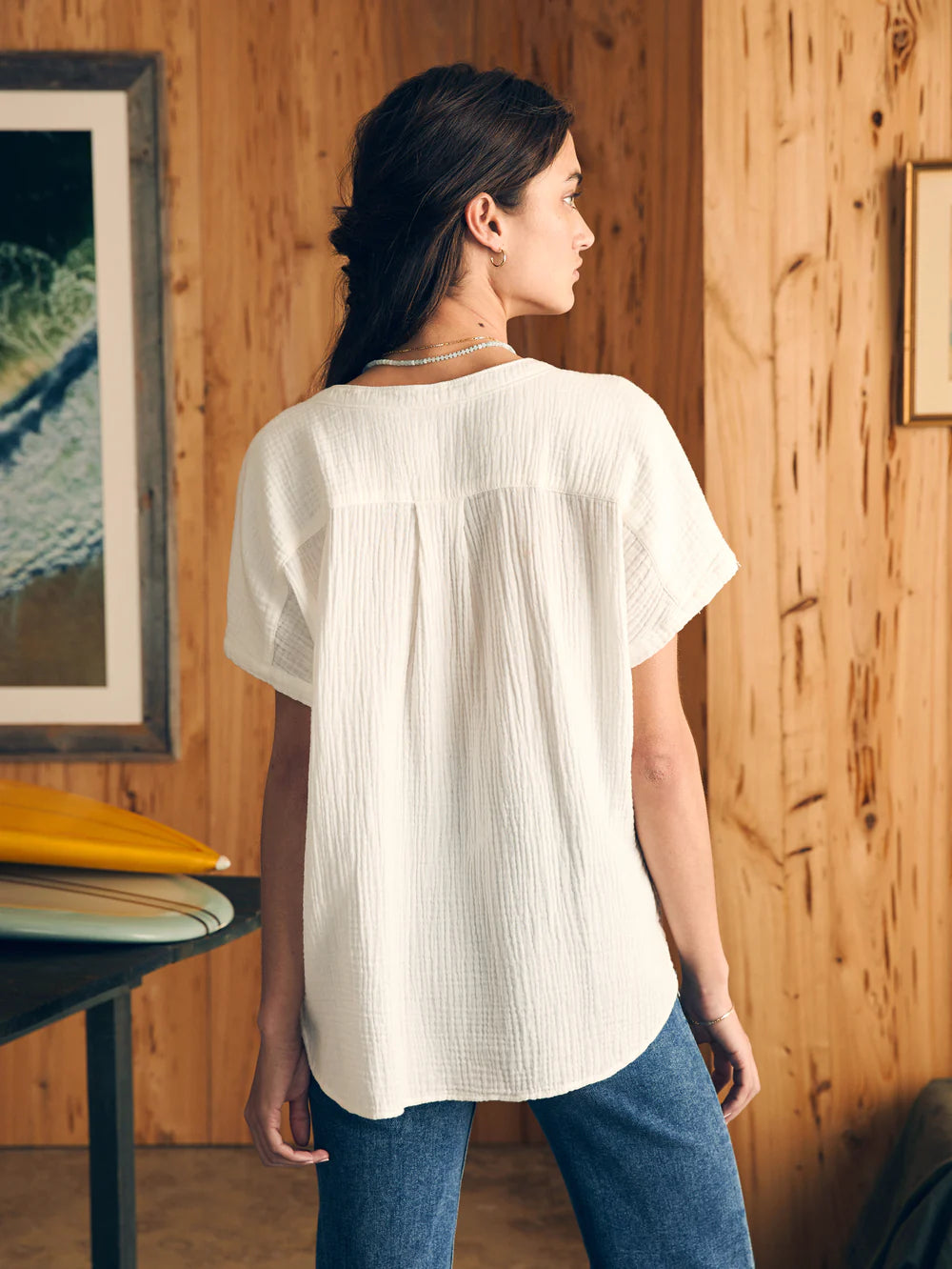 Back view, untucked styling for the Faherty Dream Cotton Gauze Desmond Top in the color White