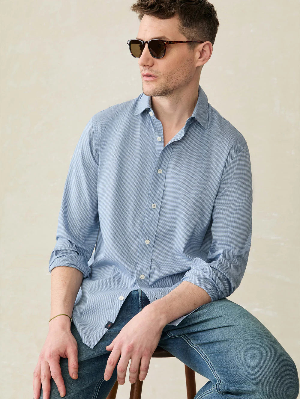 The Faherty The Movement Shirt in the color Azure Pincheck