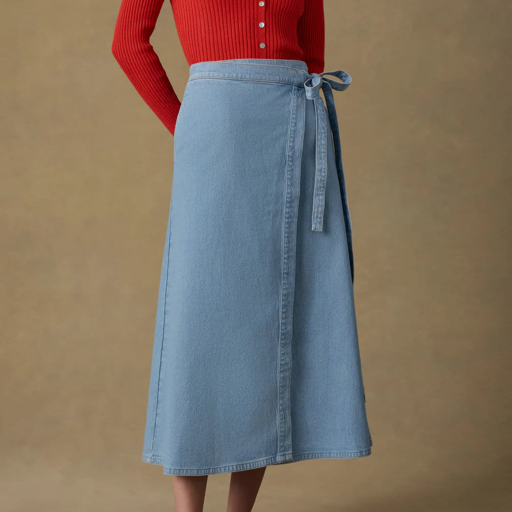Faherty Solstice Denim Wrap Skirt in Bay Drift Wash, now available at Harbour Thread boutique