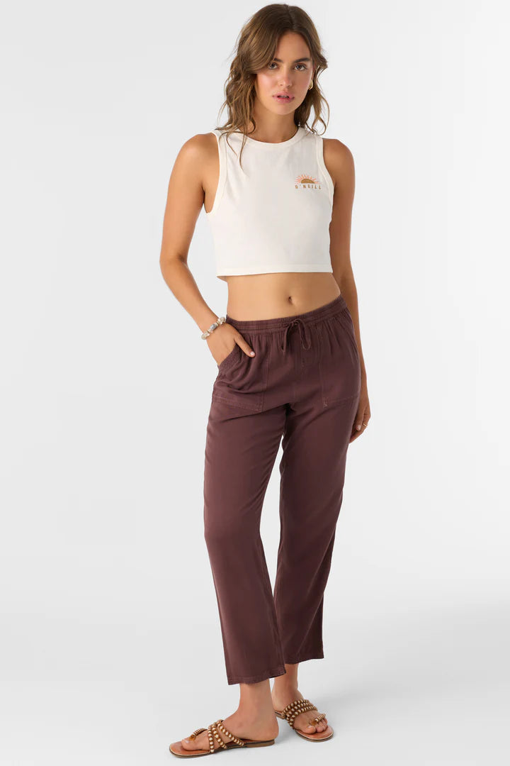 Front view of a woman wearing the Chocolate Brown Francina Twill Pants by O’Neill