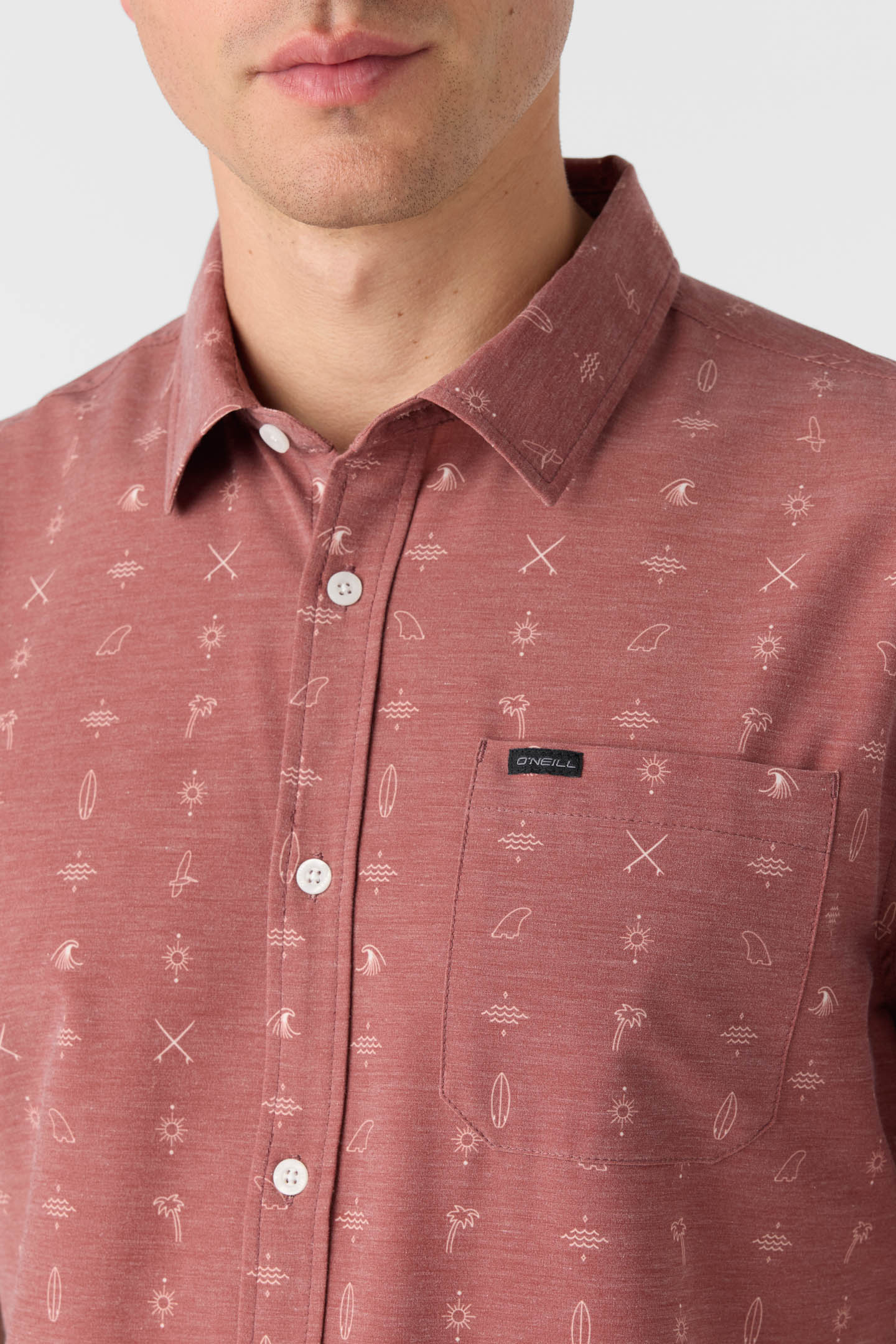 Design detail on the TRVLR UPF Traverse Short Sleeve Shirt by O'Neill in the color Mohogany