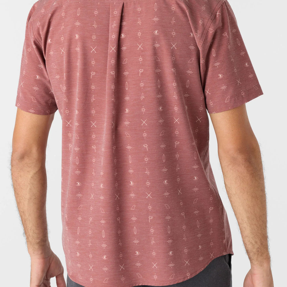 
                      
                        Back view of a man wearing the TRVLR UPF Traverse Short Sleeve Shirt by O'Neill in the color Mohogany
                      
                    