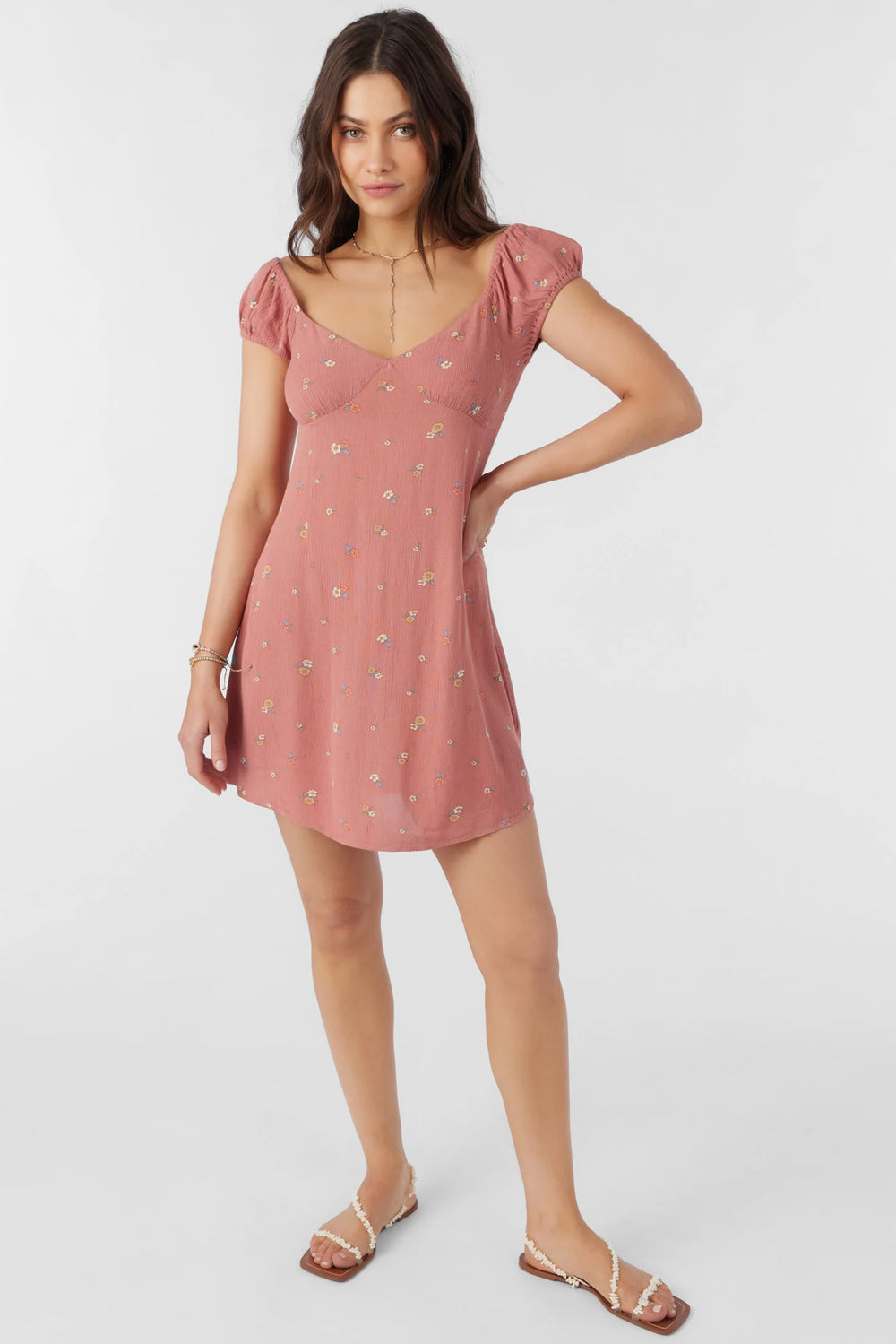 Front view of the O'Neill Carter Gable Floral Mini Dress in the color Canyon Rose