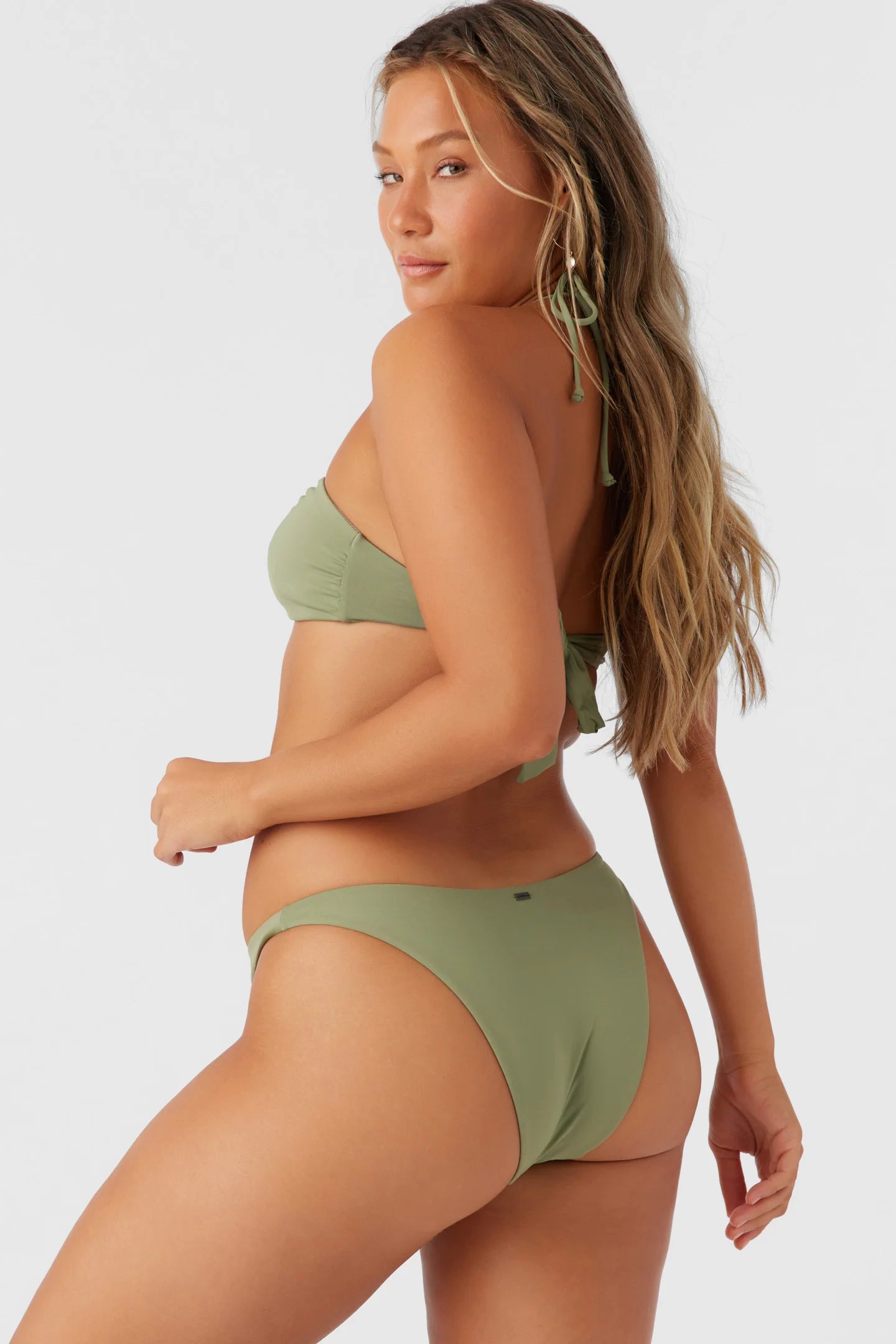 Back view of the O'Neill Saltwater Solids Flamenco High Cut Bikini Bottoms in the color Oil Green