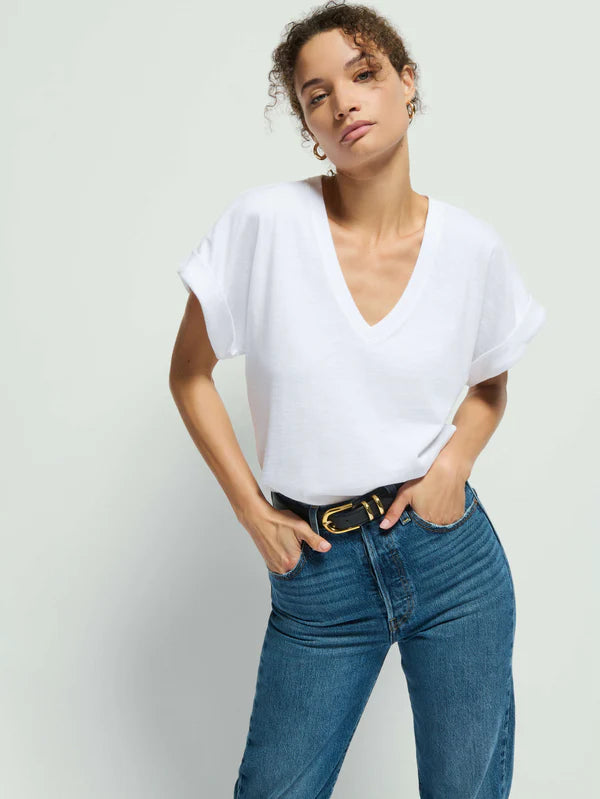 The Optic White Stevie Cuffed V-neck Top by Nation LTD at Harbour Thread