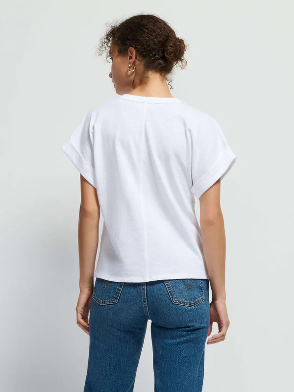 
                      
                        Women's relaxed fit white t-shirt with cuffed boxy sleeves
                      
                    
