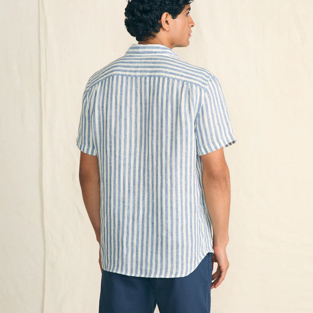 Back view of the Horizon Ivory Stripe Short Sleeve Palma Linen Shirt by Faherty