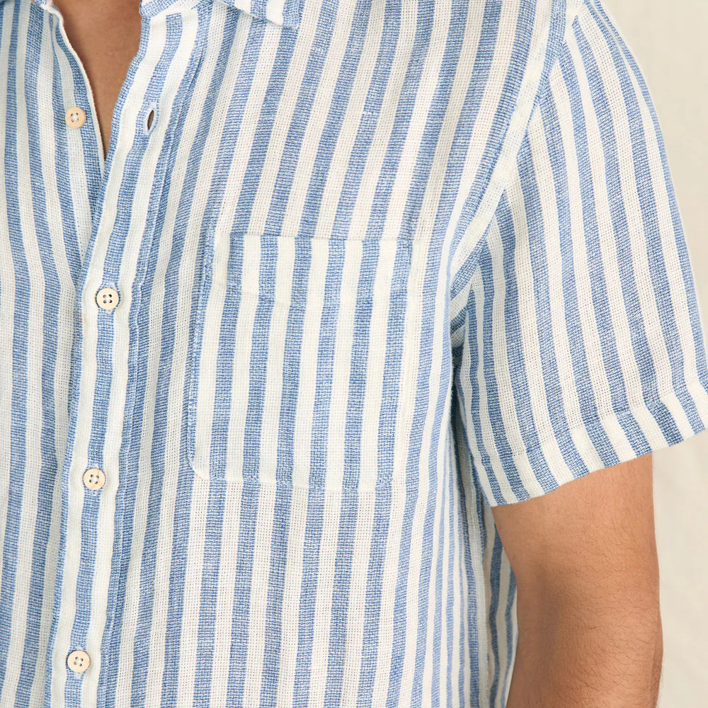 
                      
                        Front detail on the Horizon Ivory Stripe Short Sleeve Palma Linen Shirt by Faherty
                      
                    