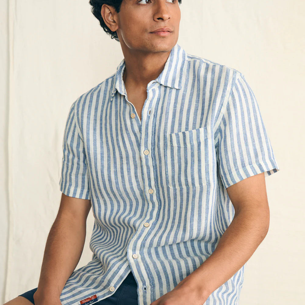 The Horizon Ivory Stripe Short Sleeve Palma Linen Shirt by Faherty