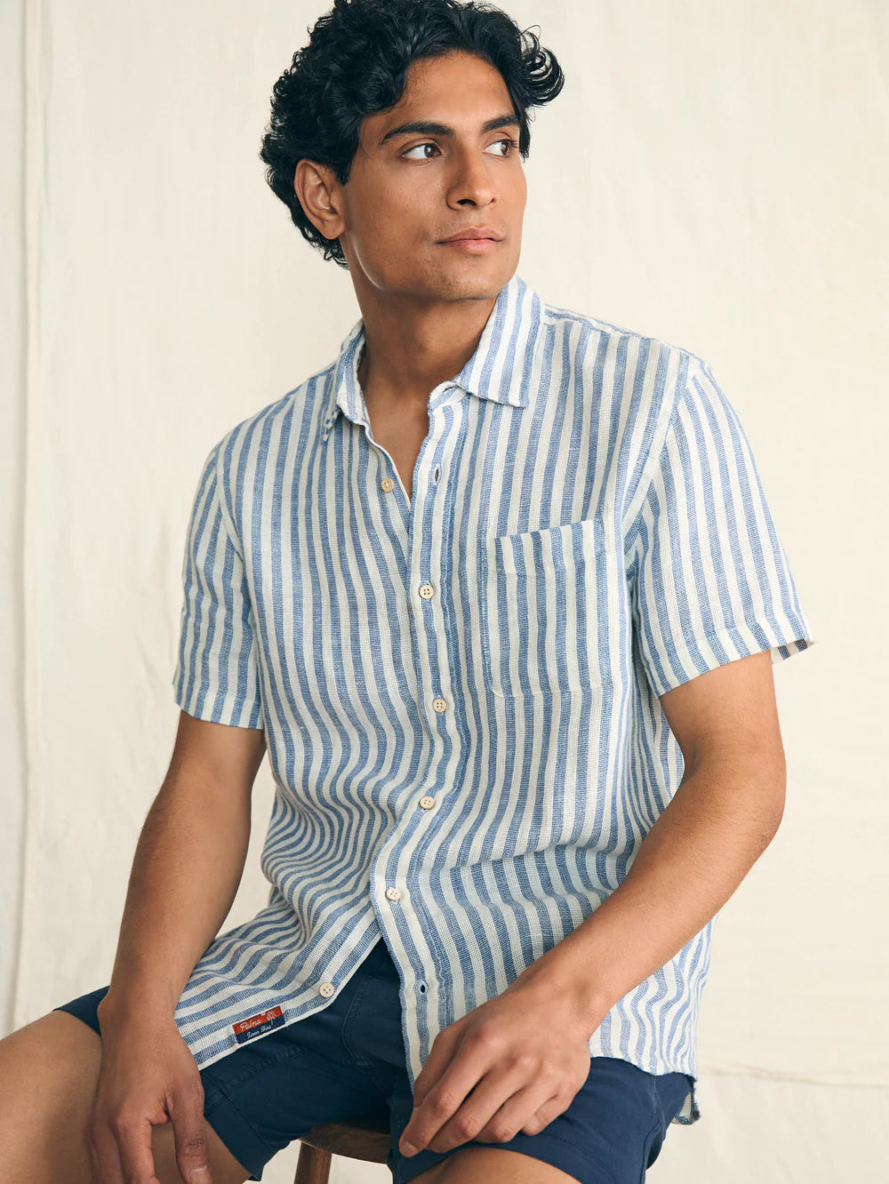 The Horizon Ivory Stripe Short Sleeve Palma Linen Shirt by Faherty