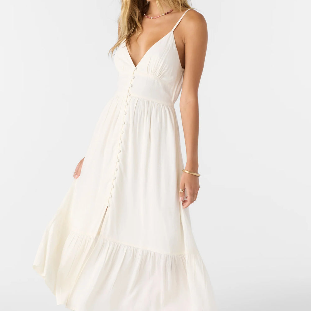 The versatile and sweet O'Neill Pilar Midi Dress features a flattering v-neckline and convenient button-front closure. Shop it at Harbour Thread women's boutique in Burlington, VT for effortless summer style. 