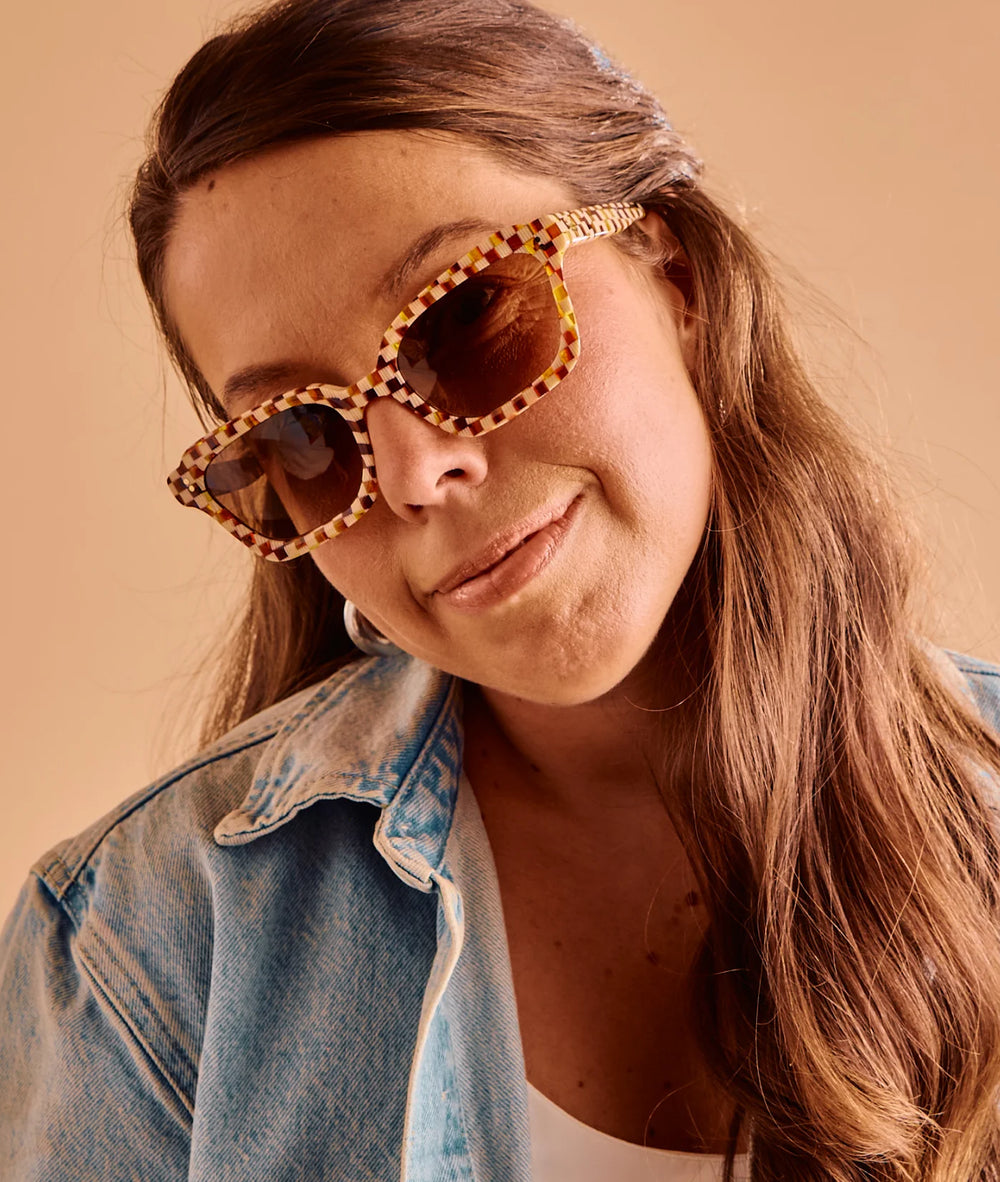 Shop the SARDINE Demi Toasted Moxie Checkered Square Frame Women's Sunglasses at Harbour Thread boutique in St. Petersburg, FL. 