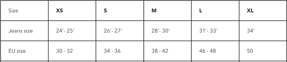 
                      
                        Dr. Denim Size Chart for women's sizes XS-XL
                      
                    