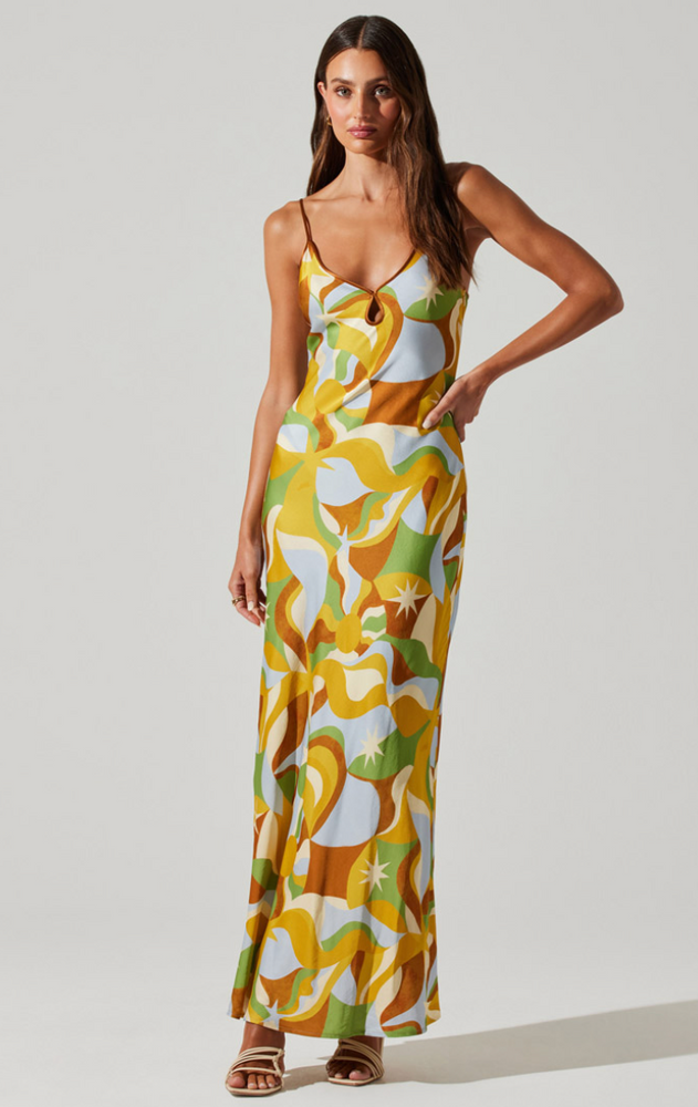 
                      
                        Front view of woman wearing a multicolor keyhole front  maxi dress
                      
                    