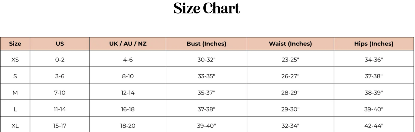 Size chart for Dippin' Daisys Swimwear, sizes XS-XL