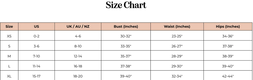 
                      
                        Dippin' Daisys swimwear size chart featuring women's sizes XS-XL
                      
                    