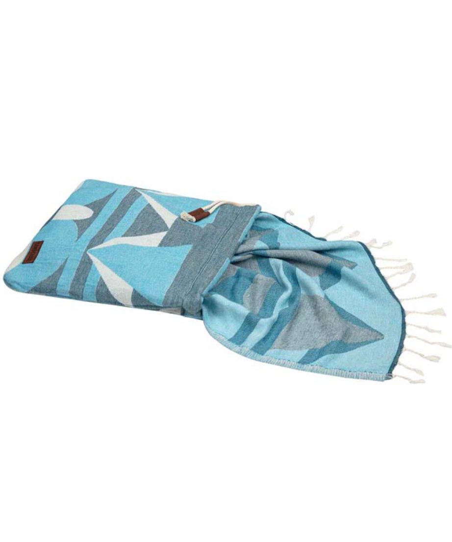 folded view of blue towel with tassels and hatchling turtles inspired design