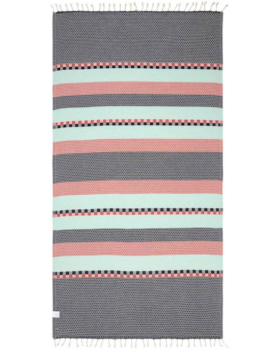 Reverse Unfolded view of a navy organic cotton beach towel with tassels at the end and various colorblocking stripes designed at the center
