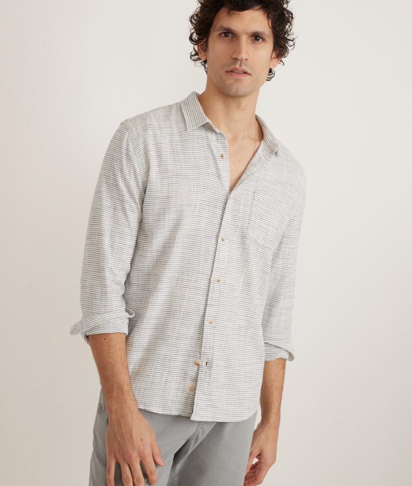 
                      
                        Front view of men's subtly striped long sleeve button up shirt
                      
                    