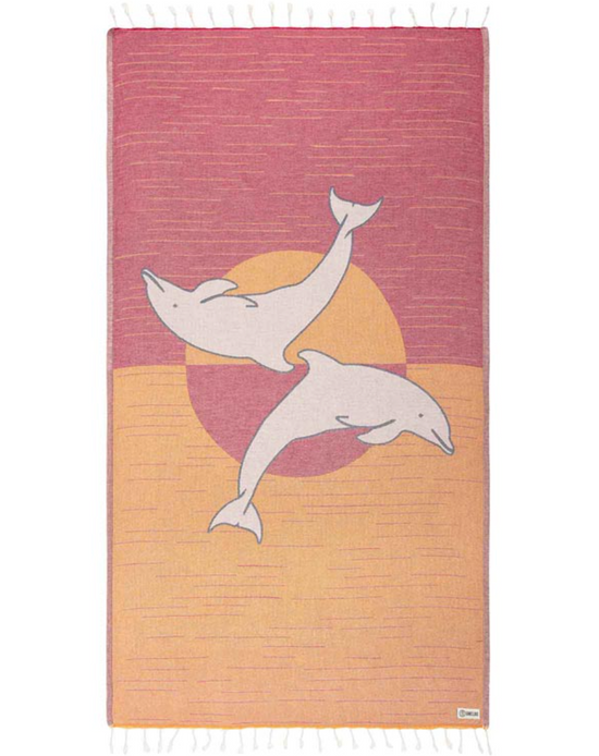 Unfolded view of the Sunset Dolphins beach towel by Sand Cloud