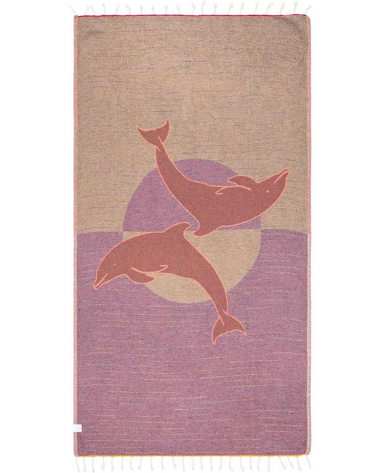 Reverse color Unfolded view of the Sunset Dolphins beach towel by Sand Cloud