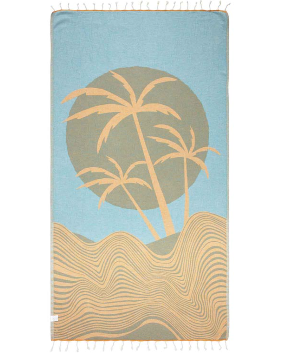 Reverse side unfolded view of Rosa Sul palm tree design Sand Cloud towel