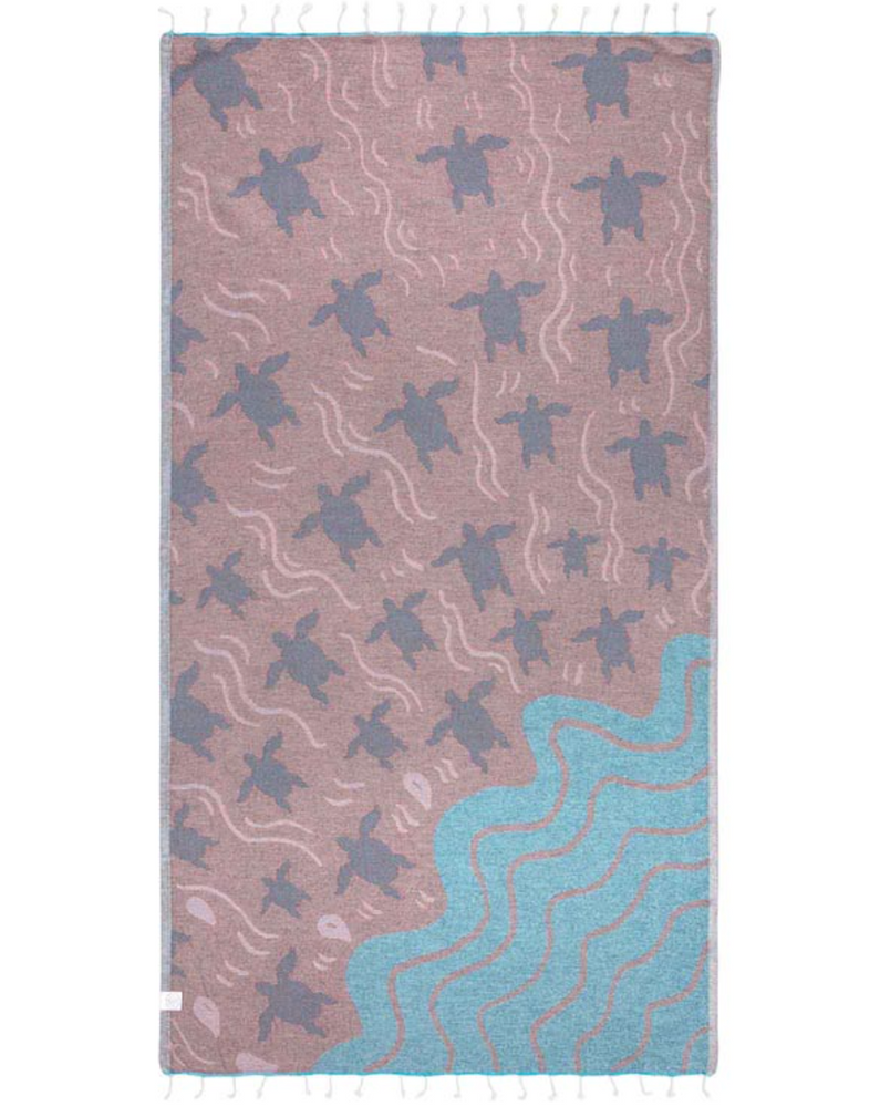 Reverse side Unfolded view of Ruggles sea turtle design beach towel by Sand Cloud