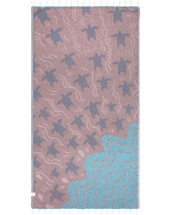 Reverse side Unfolded view of Ruggles sea turtle design beach towel by Sand Cloud