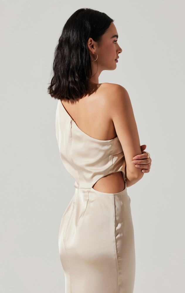 
                      
                        Back close up view of champagne colored one-shoulder maxi dress
                      
                    