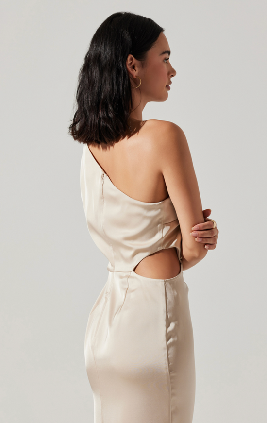 Back close up view of champagne colored one-shoulder maxi dress
