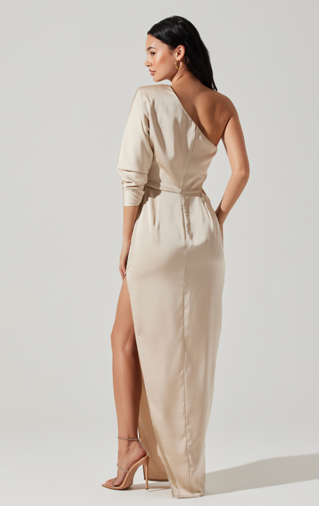 
                      
                        Back view of champagne colored one-shoulder maxi dress
                      
                    