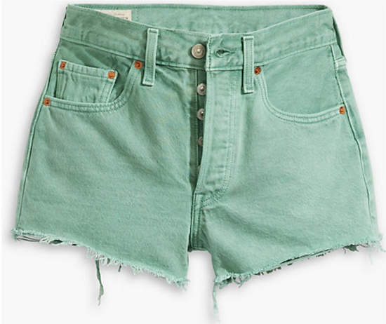 Load image into Gallery viewer, Flat lay view of the green high rise 501 original shorts by LEVI&amp;#39;S
