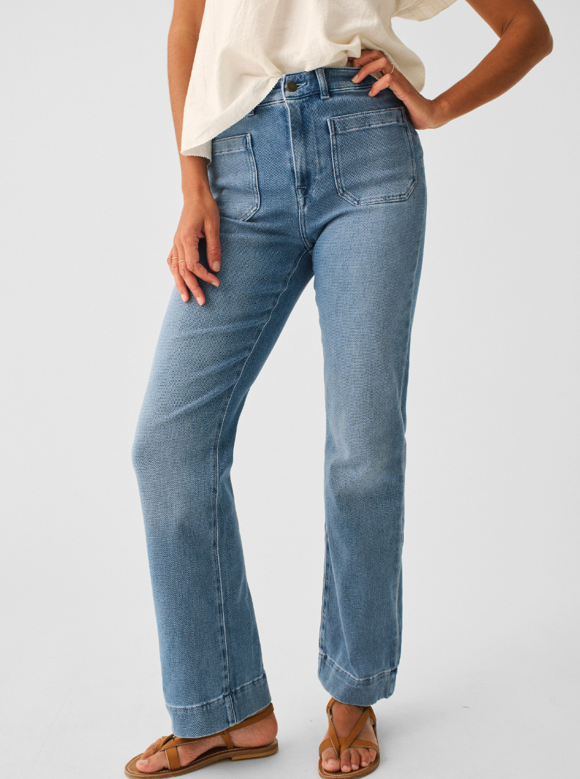 Front view of Faherty's mid-wash women's stretch terry patch pocket pants