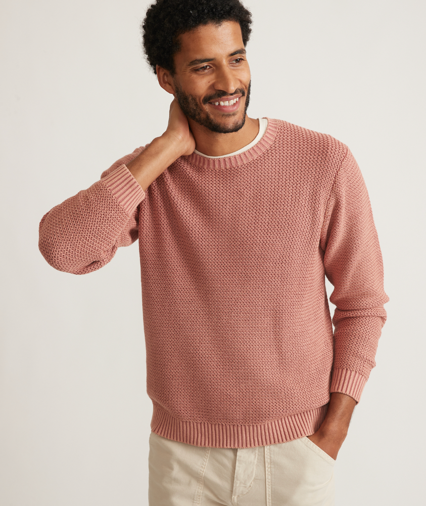 
                      
                        Front view of man wearing a clay color garment dye crew sweater from Marine Layer
                      
                    