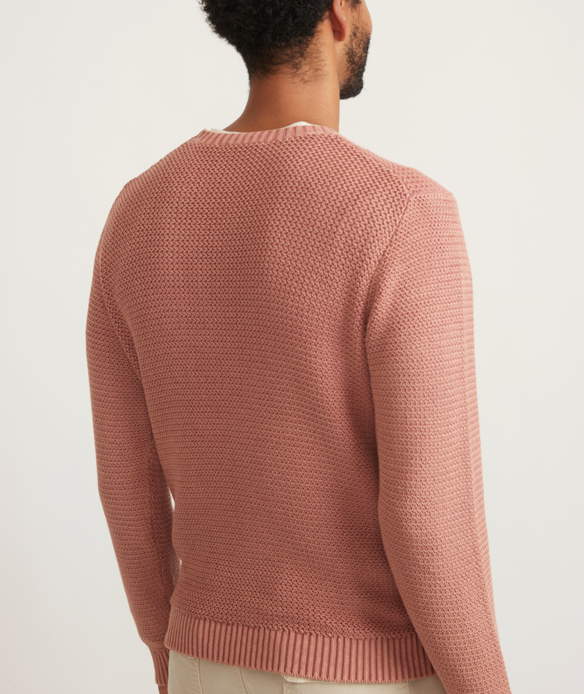 
                      
                        Back view of man wearing a clay color garment dye crew sweater from Marine Layer
                      
                    