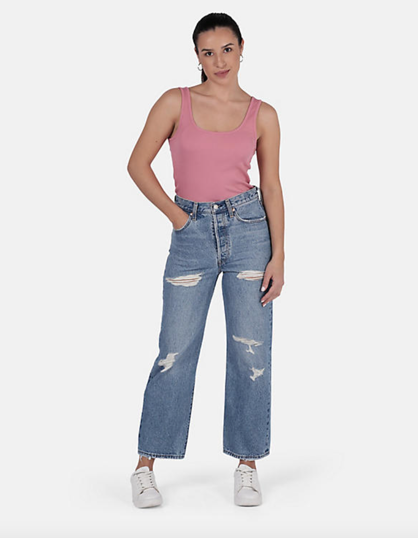 Front view of the Levi's Ribcage Straight Ankle Women's Jeans in the color  Live For The Music