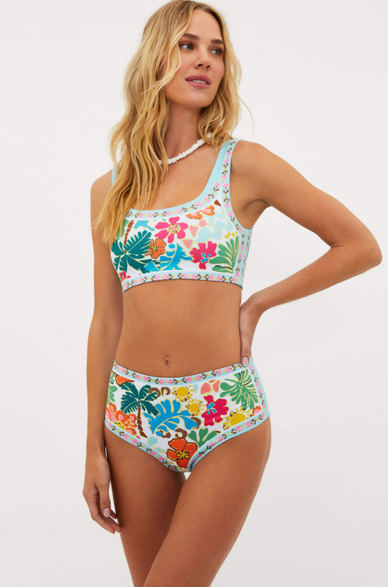Front view of the Beach Riot Marcella High Rise Bikini Bottoms in the Tropical Sands print