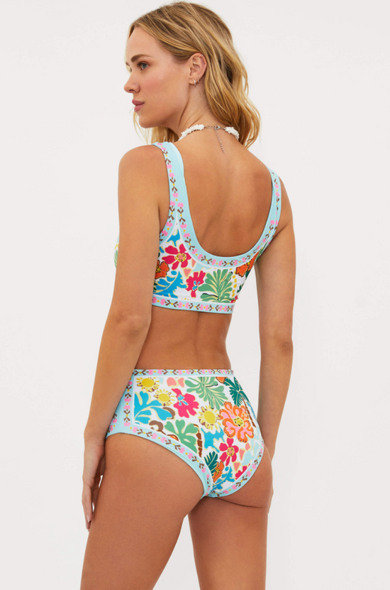 Back view of the Beach Riot Marcella High Rise Bikini Bottoms in the Tropical Sands print
