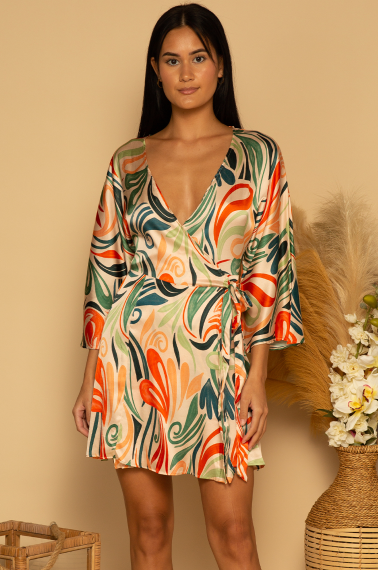 Front view of the Jade Swirls print Monterey Wrap Mini Dress by Shore